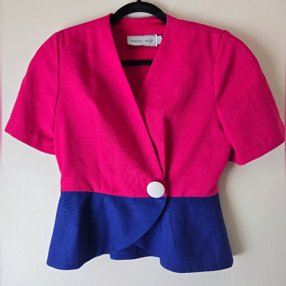 Colorblock Cropped Peplum Jacket - Pink and Blue, Linen, 80s, 90s